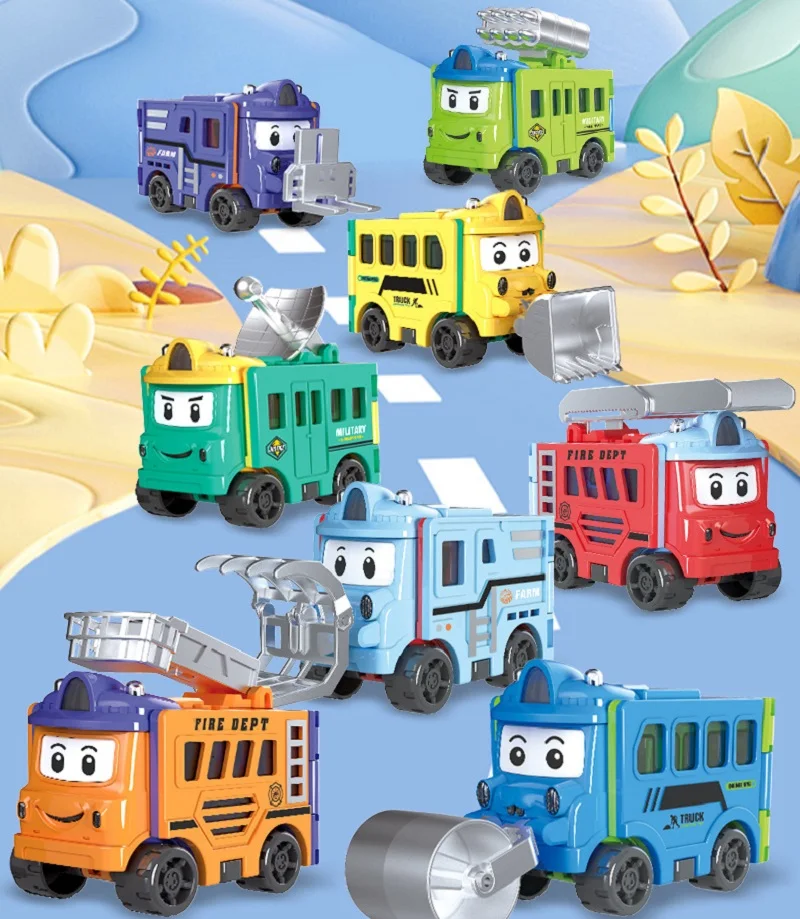 Cartoon Transformable Car Toy with Double-Sided Flip Inertia Powered Reversible Engineering Vehicle STEM Learning Gift for Kids