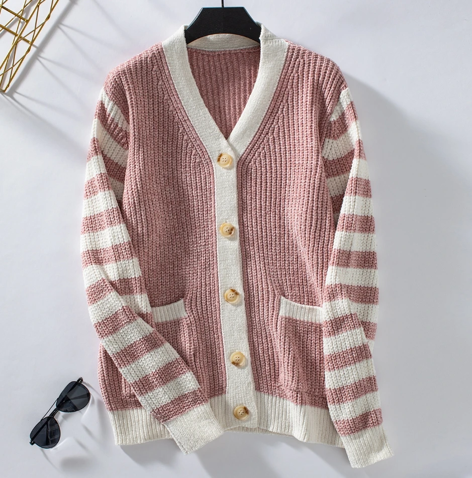 Autumn Clothes Striped Button Knit Cardigan Casual Versatile Loose Sweater Cardigan for Women Quick Delivery of Spot Goods