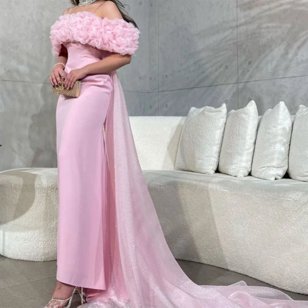 

Pink Sweet Luxury Women Formal Evening Dress Floor Length Off Shoulder Flowers Strapless Pretty Prom Party robes de soirée