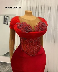 Red Beaded Corset Rhinestones Aso Ebi Style Evening Dresses African Wedding Party Dress Mermaid Elegant African Formal Dress