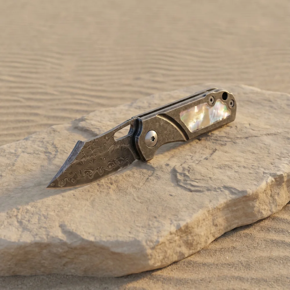 Mini Damascus Steel Folding Knife Abaloneshell Handle with Rope Multi-functional Use Peeling EDC Pocket Knife Ideal Gift for Men