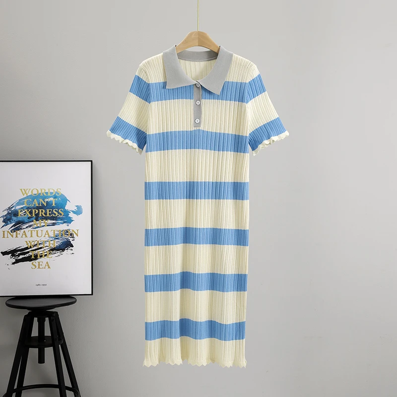 

Women's Slim Knit Midi Dress Summer Casual Striped Short Sleeve Lapel Collar Straight Dress Casual Going Out Dress