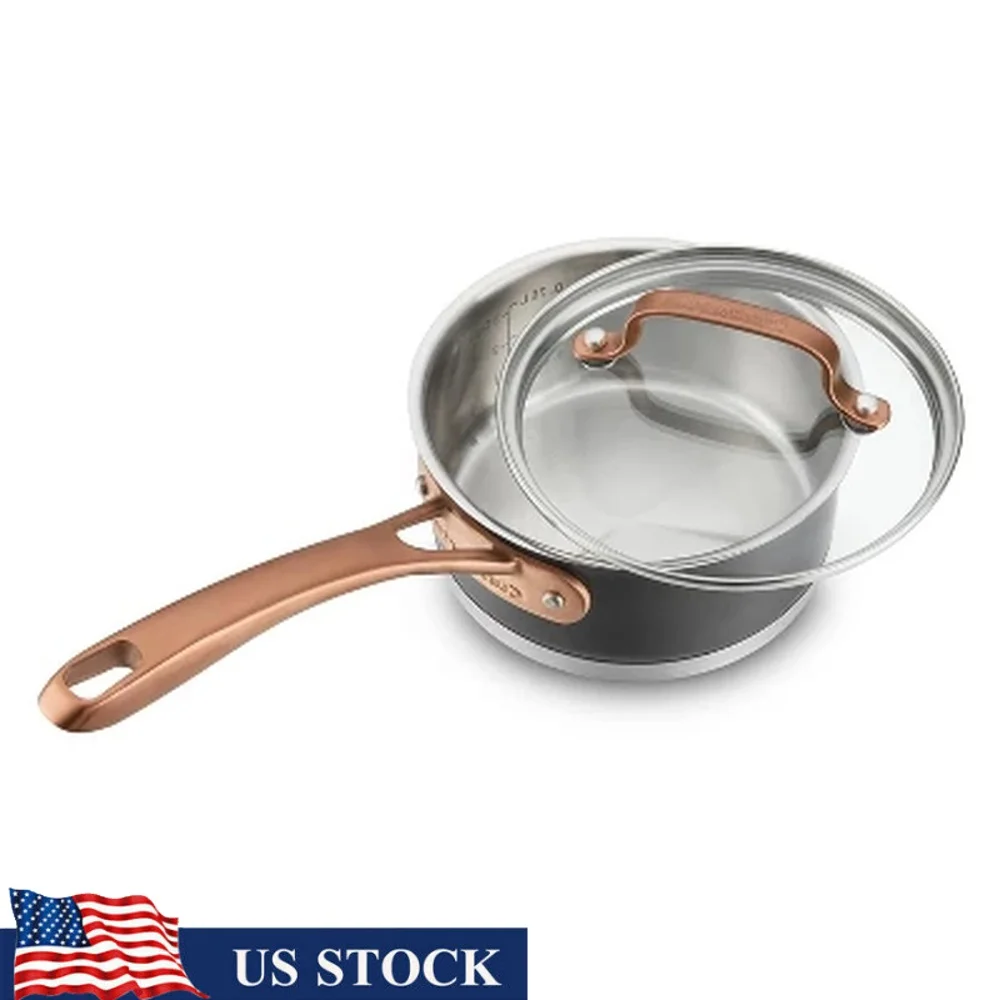 

1qt Matte Black Stainless Steel Saucepan with Lid Blush Bronze Handle Even Heating Dishwasher Safe Oven Safe Cookware