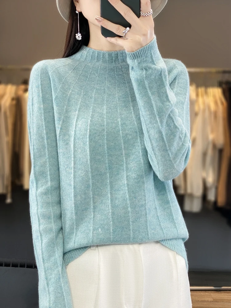 New Chic Women Sweater Autumn Winter Mock Neck Pullover 100% Merino Wool Shiny Cashmere Knitwear Korean Fashion Female Clothing