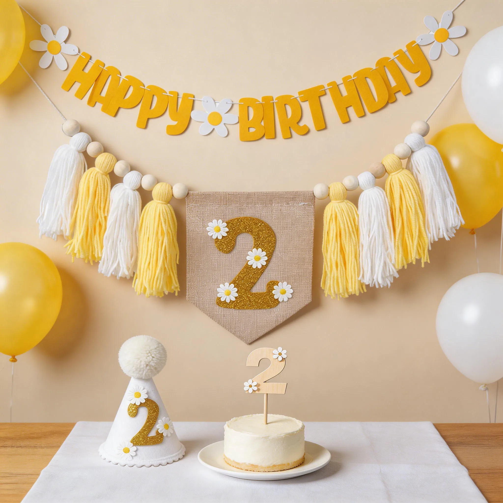 Frühlings-Gänseblümchen-Thema 2. Geburtstags-Banner, Hochstuhl-Banner mit Quastenkranz, 2. Geburtstags-Tüllhut, Kuchendekoration – Detail 6