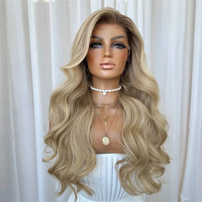 

13x4 Ombre Caramel Blonde Body Wave HD Transparent Lace Front Wigs With Dark Roots Virgin Human Hair Lace Front Wig Preplucked