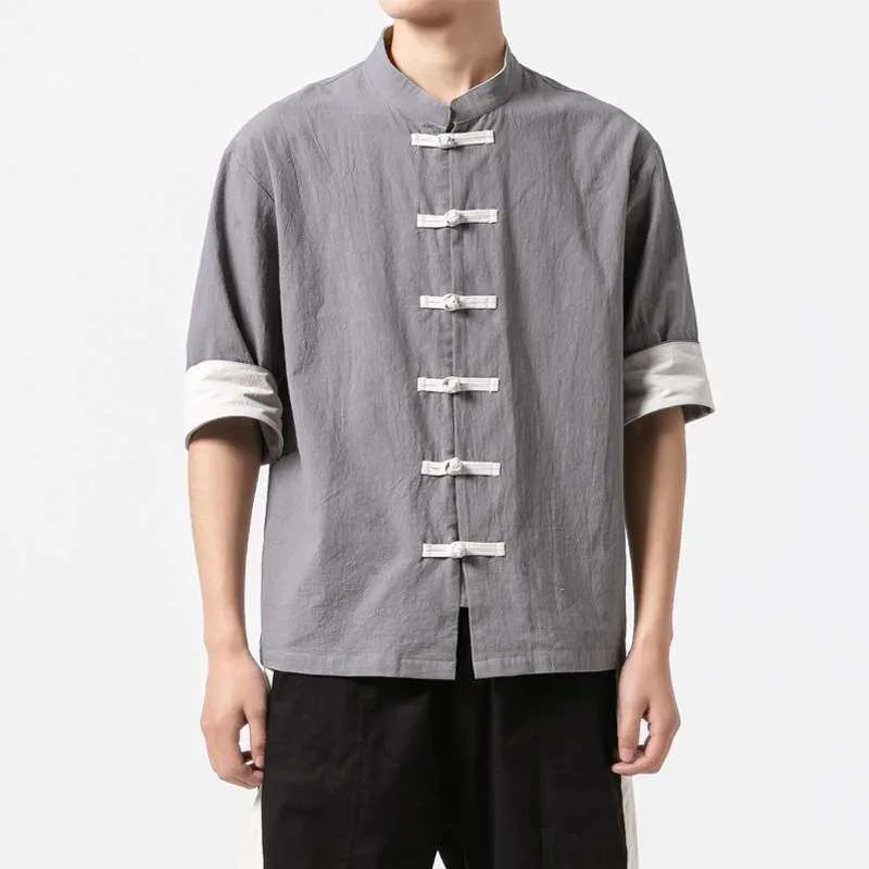 summer-stand-collar-buckle-cotton-linen-short-sve-shirt-men's-casual-wear-no-brand-registered-trademark-leisure-fashion