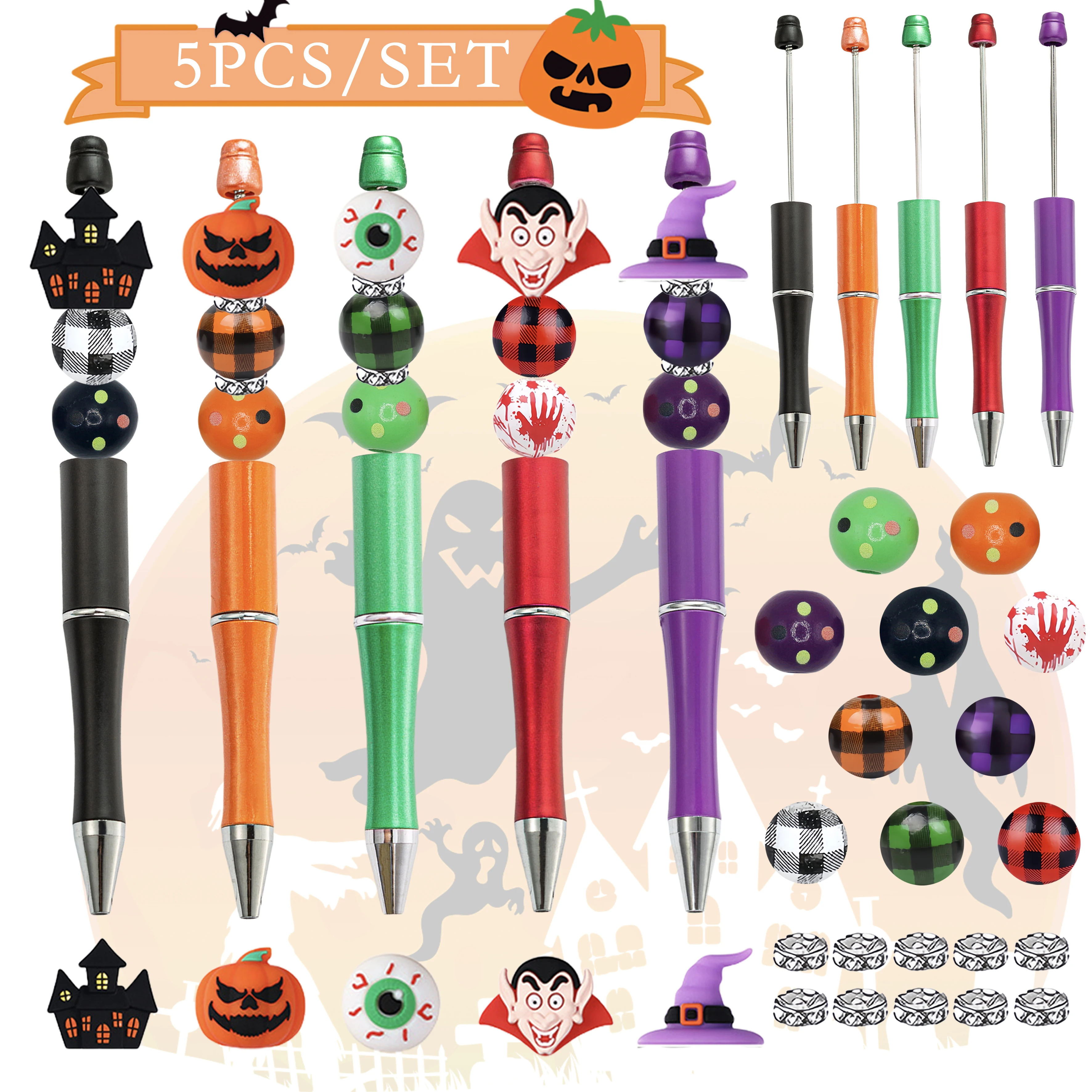 

5PCS Black Orange Green Purple Halloween Devil Alien Theme DIY Beaded Ballpoint Pen&Wooden Silicone Bead Pendant Set