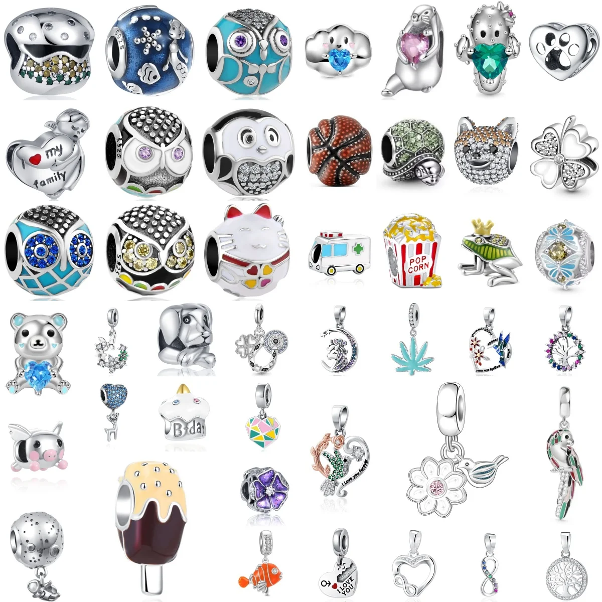 925 Silver Charm Ice Cream Basketball Popcorn Puppy Pendant, Suitable for European Original Bracelet DIY Jewelry Accessories