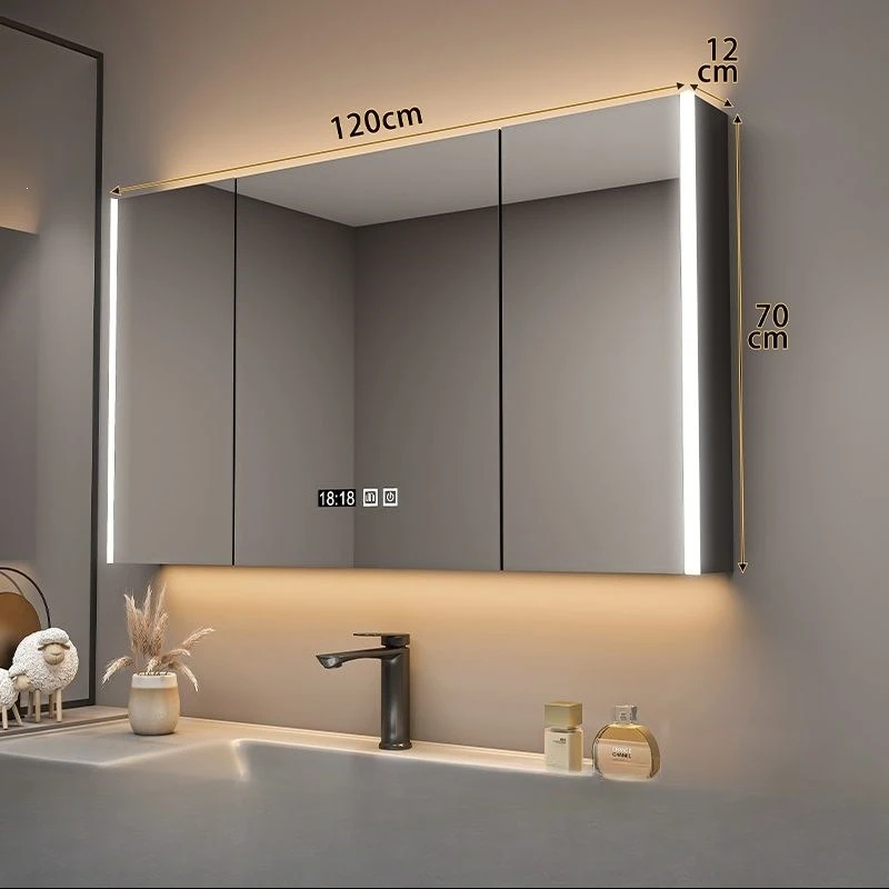 Solid wood bathroom smart mirror cabinet separately wall-mounted with lamp defogging bathroom beauty mirror with storage locker