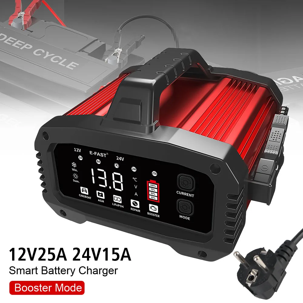 For 12V-24V Motorcycle Lead Acid AGM GEL LiFePo4 Batteries Smart Car Battery Charger Portable 25A/15A Car Booster Pulse Repair