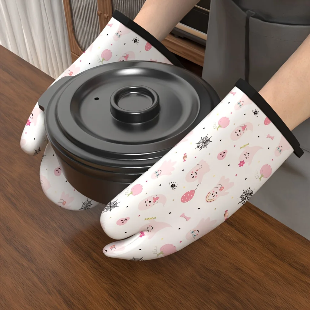 2pcs Oven Mitts with Light-White Tiny Pink Dot Sweet Easy Texture Pattern- Heat-Resistant Kitchen Gloves, Mittens