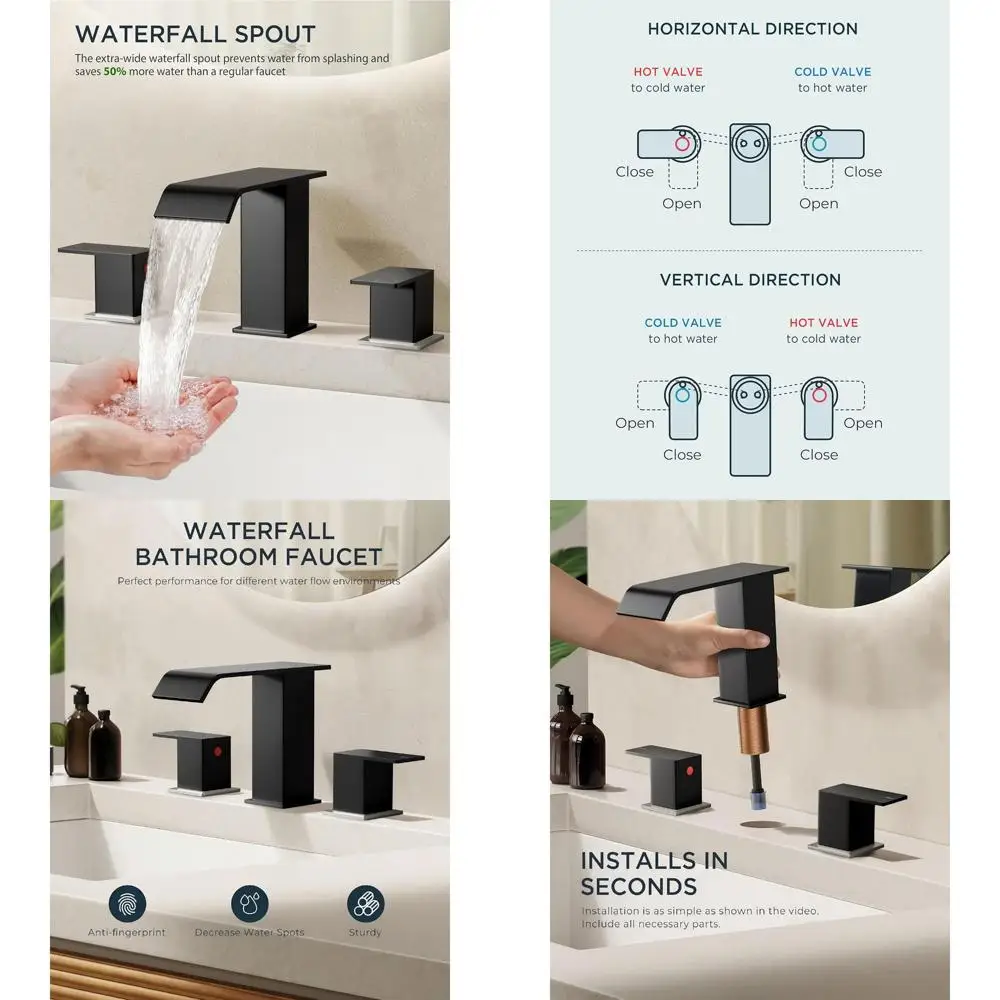 

Двухвентильный смеситель с широким расстоянием между ручками, матовый никель и матовый черный, для раковин с 3 отверстиями, с металлическим сливом