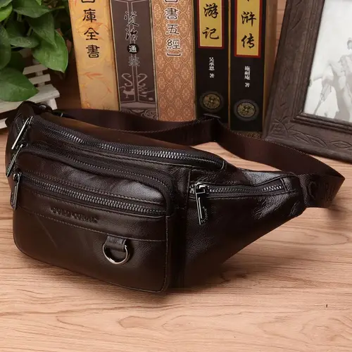 Imagen 2 del producto Riñonera de cuero genuino para hombre, bolso de viaje Retro de piel Natural, bandolera cruzada para el pecho, cadera, cinturón