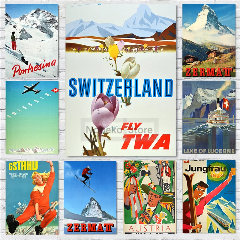 Switzerland Vintage Travel Posters Zermatt Zurich Bienne Gstaad Poster Prints Canvas Painting Wall Art Pictures Home Room Decor