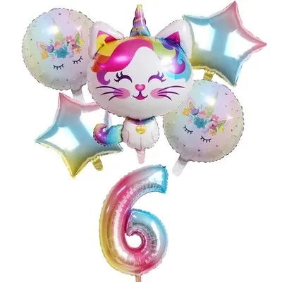 6pcs Rainbow Unicorn Cat Foil balloon 32 pollici Gradient color Number ballon Birthday Wedding Party Decoration supplies Baby Shower