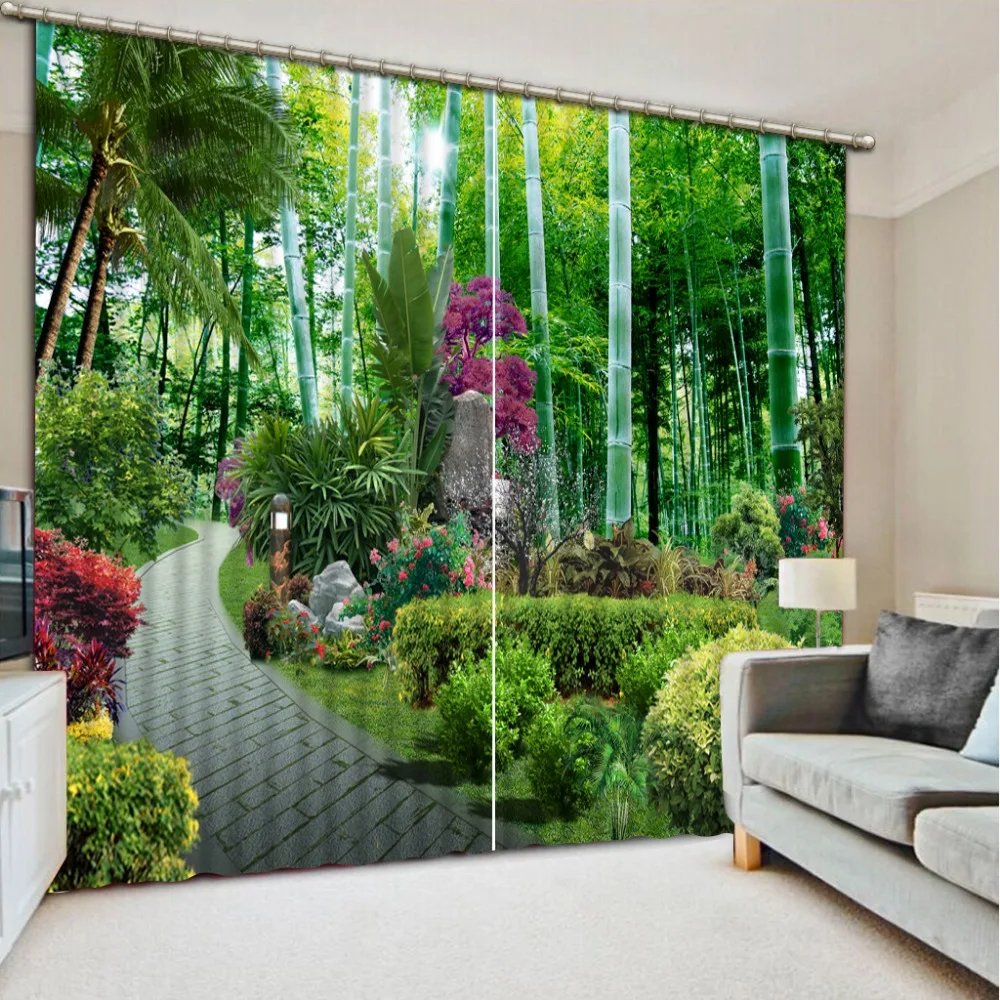 

Bathroom shower curtain 3D nature bamboo landscape print polyester waterproof curtain home decoration curtain with hook