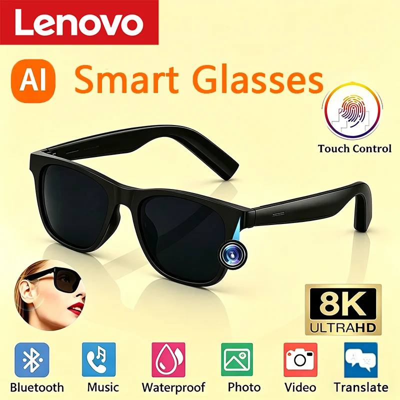 

Lenovo AI Remote Control Touch Smart Glasses 8K HD Photo Camera Recording Translator Voice Assistant Music Bluetooth Sunglasses