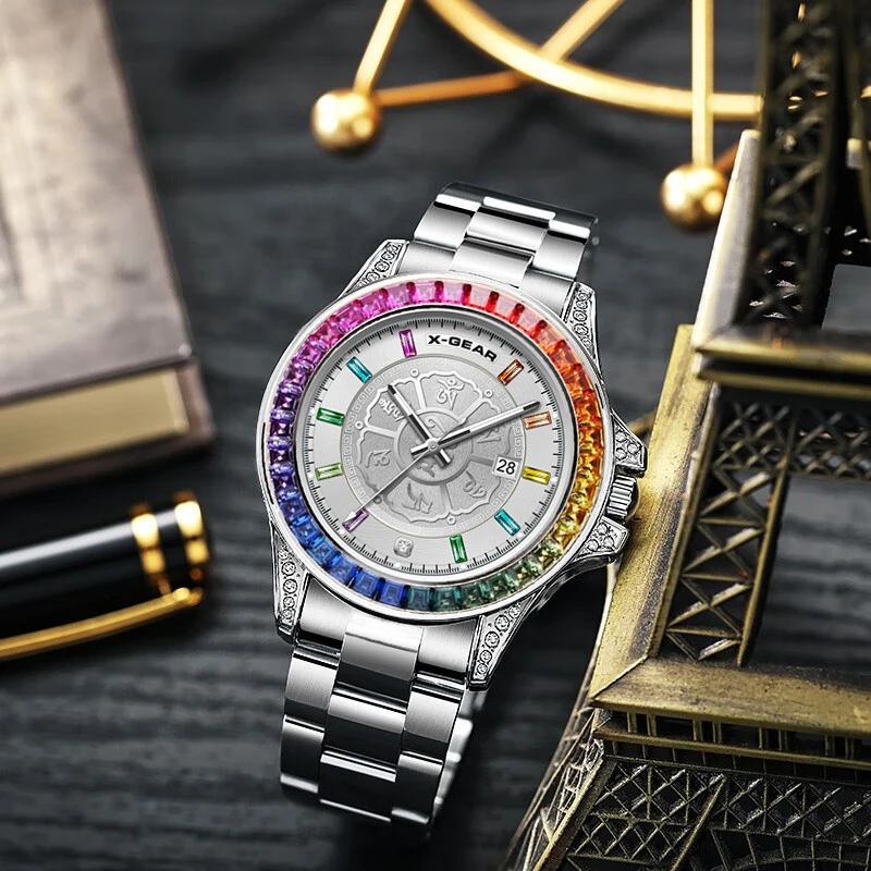 Men's Rainbow Bezel Quartz Watch, Colored Diamond, High-Quality, Big, Three Hands, Luminescent, Waterproof, Fashion