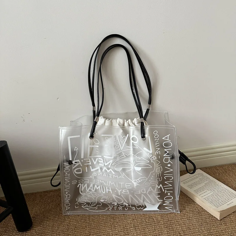 Graffiti Letter Print Clear PVC Tote Bag Drawstring Inner Pouch Double Handle Transparent Shoulder Bag Women Casual Shopping Bag