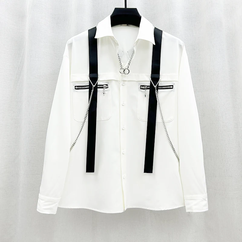 2025 high-end Creative Design Strap Chain Shirt Men's Workwear Loose Long Sleeve Shirt Trendy Motorcycle Streetwear Men Clothing