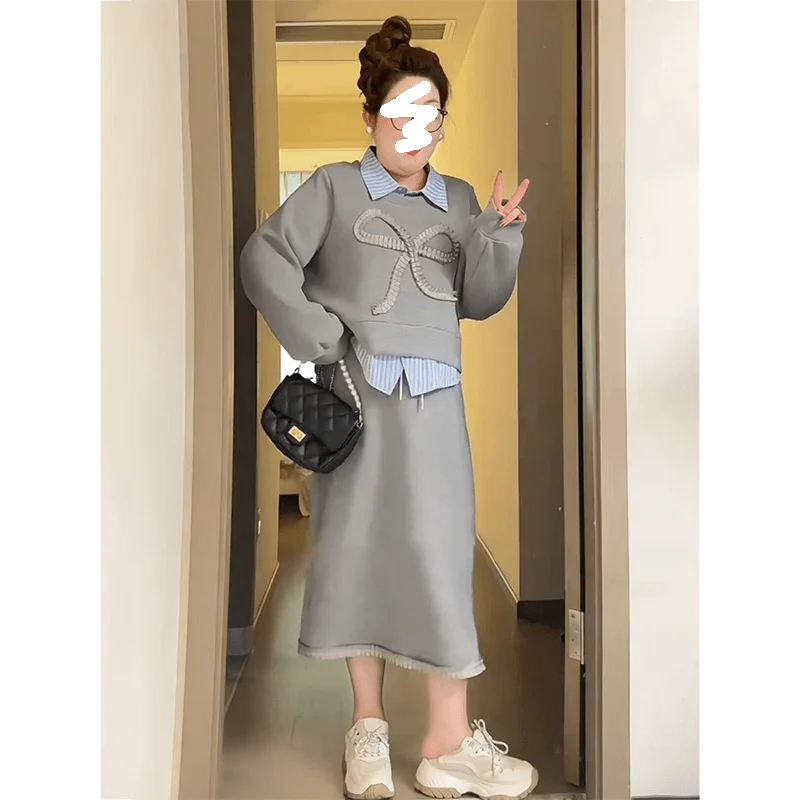 

plus Size Women's Striped irt Knot Design Sweatirt Autumn Loose Waist Skirt Two-Piece Set Faionable Stre...