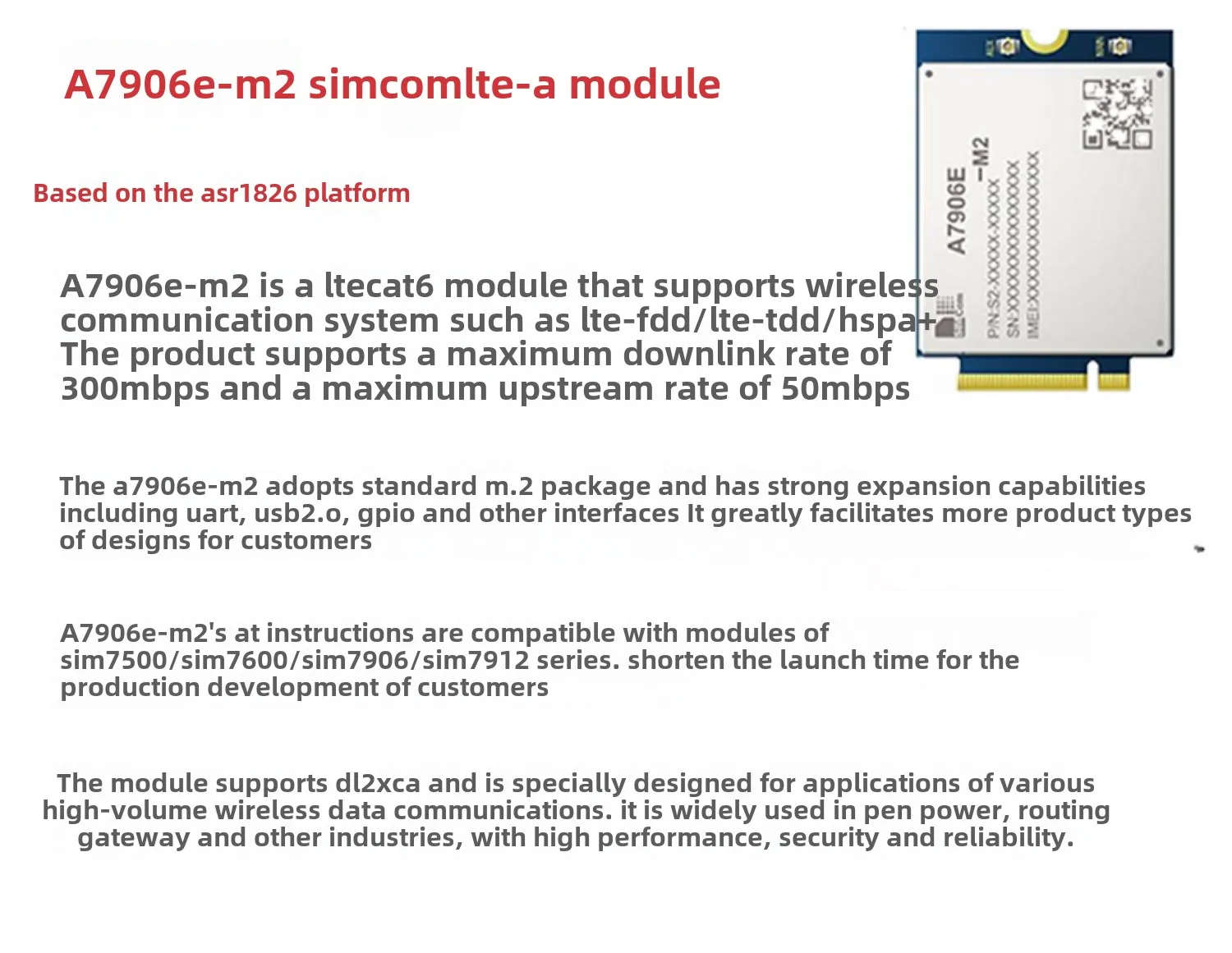 SIMCOM A7906E-M2 China Europa 4G Módulo de comunicação sem fio com certificação Kirin doméstica CAT6 de alta velocidade