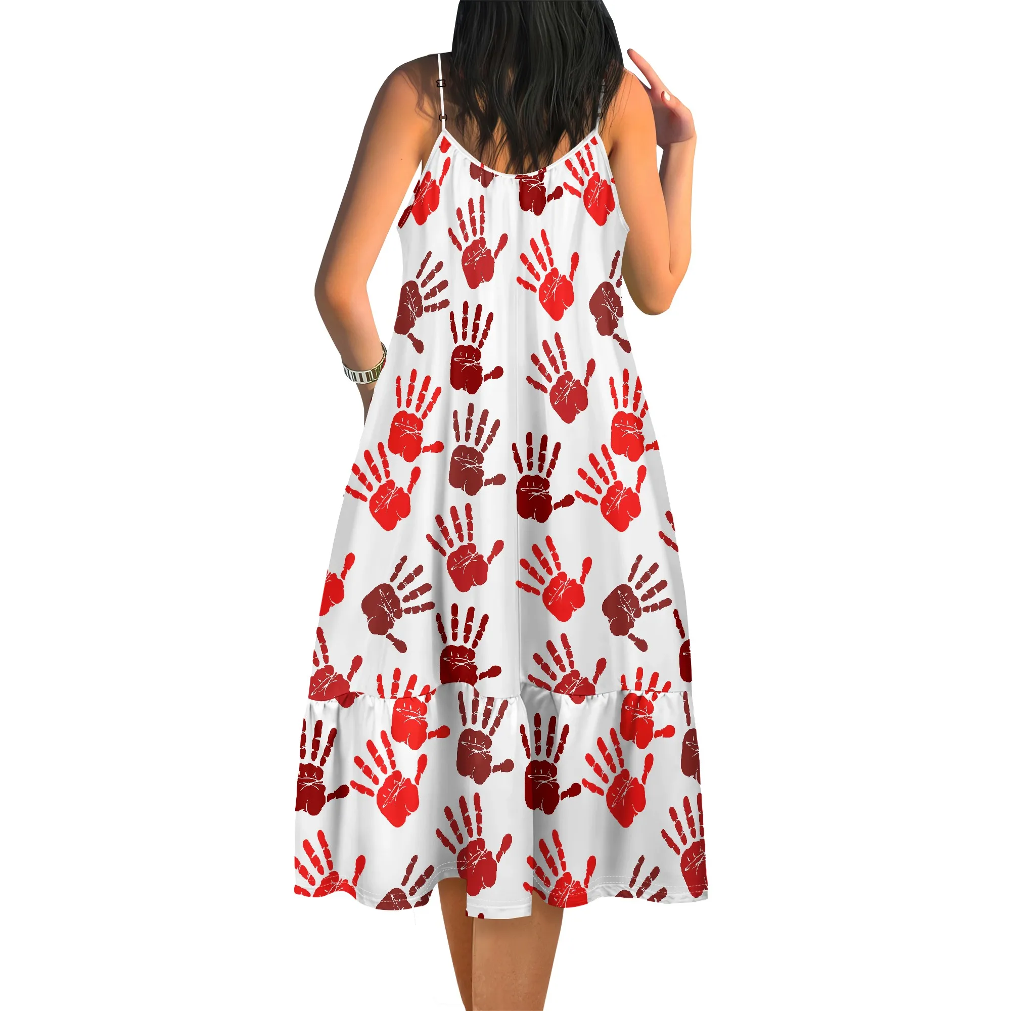 Letnia sukienka midi w stylu boho z nadrukiem ręcznym dla kobiet na codzienne wypadki, zakupy i pikniki