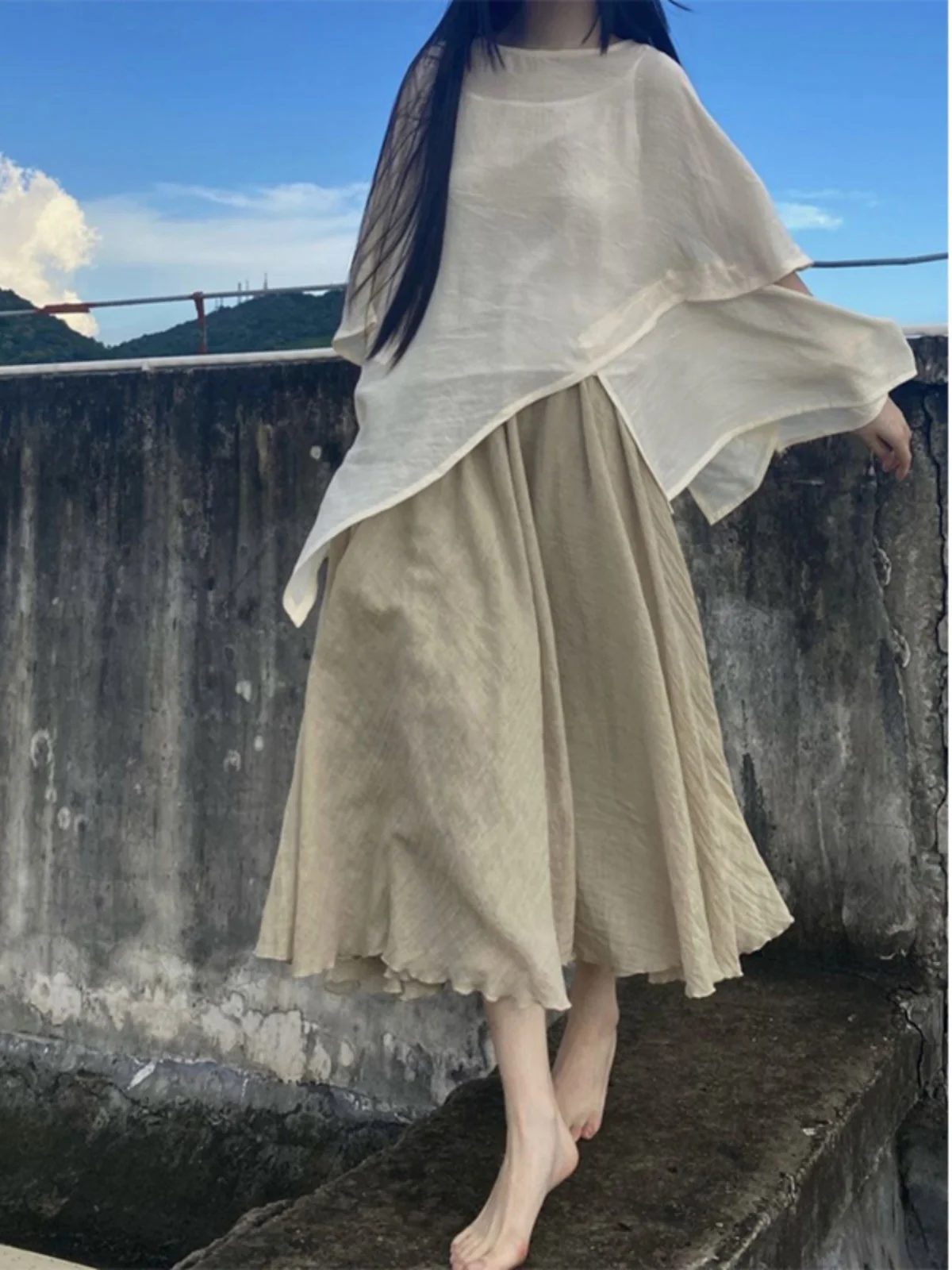 Nieuwe Chinese Sle Katoen Linnen Set vrouwen Onregelmatige ort Sve T-shirt Drifting Grote Swing f Rok Ultra Fairy Tee P...