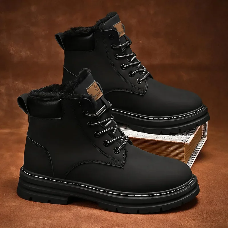 Men's Snow Boots Big Size Winter Fleece Lined Warm Cotton Shoes Yellow Boots Thick Sole Height Increasing Footwear