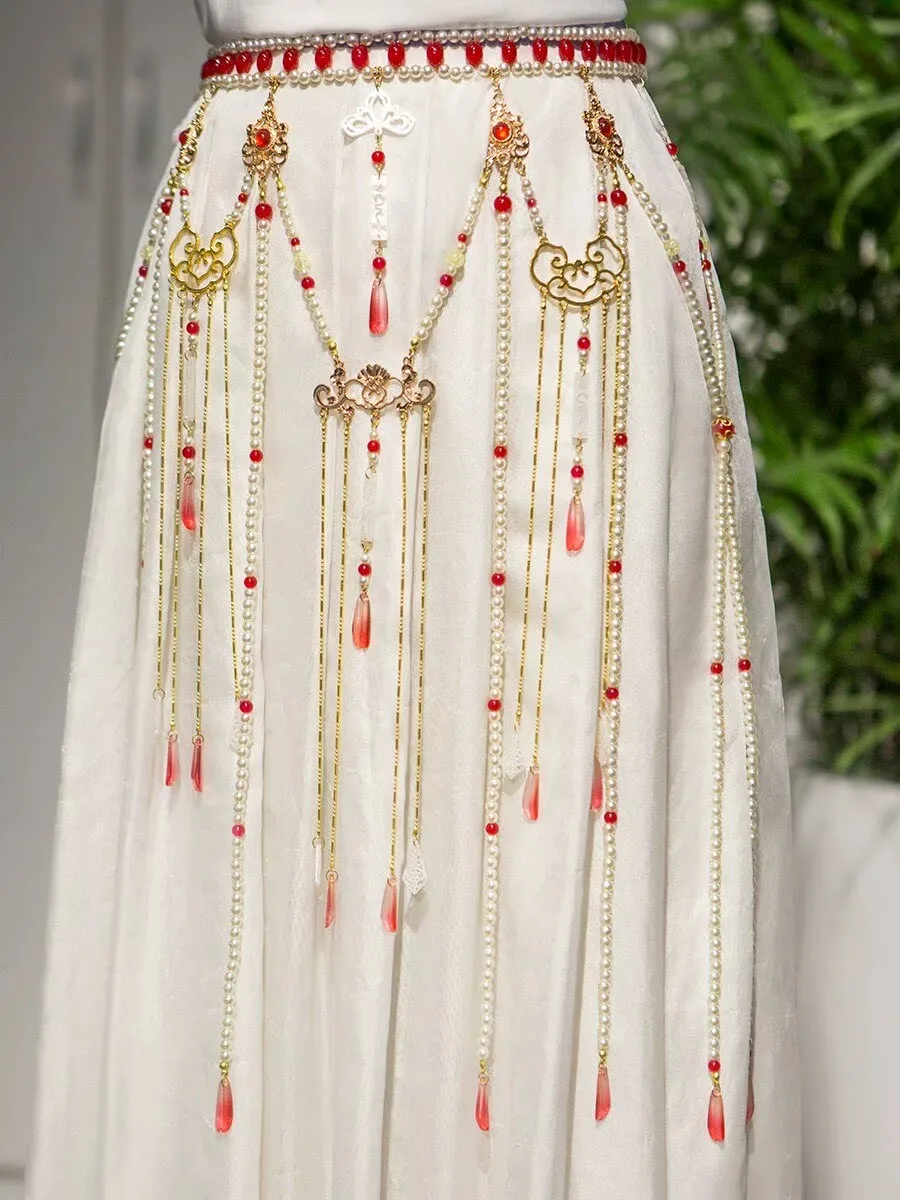 

Длинная цепочка на талию с бахромой и бусинами, оригинальный аксессуар в стиле династии Тан, китайский ретро-аксессуар для ханьфу, антикварные украшения на талию для женщин