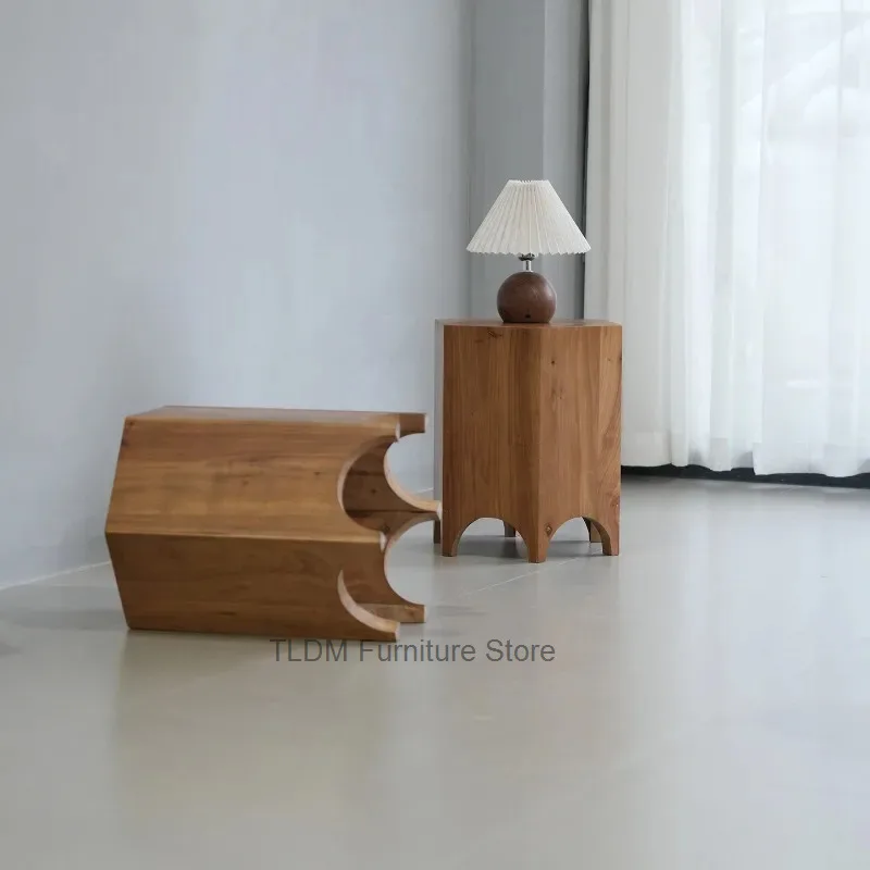 Retro Wood Side Tables, Unique Sculptural Design Nightstands with Arched Base, Wood Accent End Tables for Bedroom, Living Room