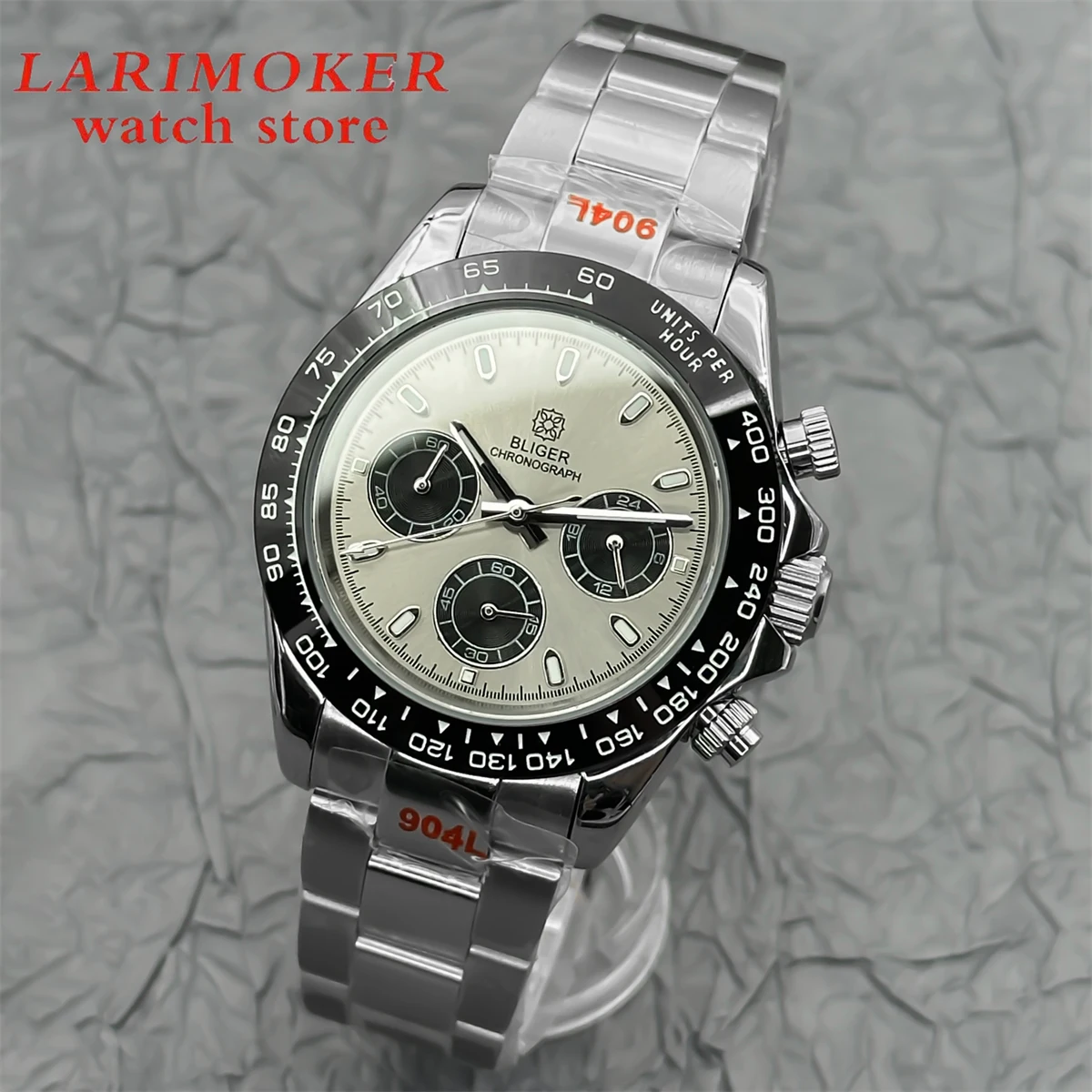 BLIGER Gray Dial Chronograph VK63 Quartz 39mm sapphire case Black bezel C3 Green luminous stainless steel/rubber strap