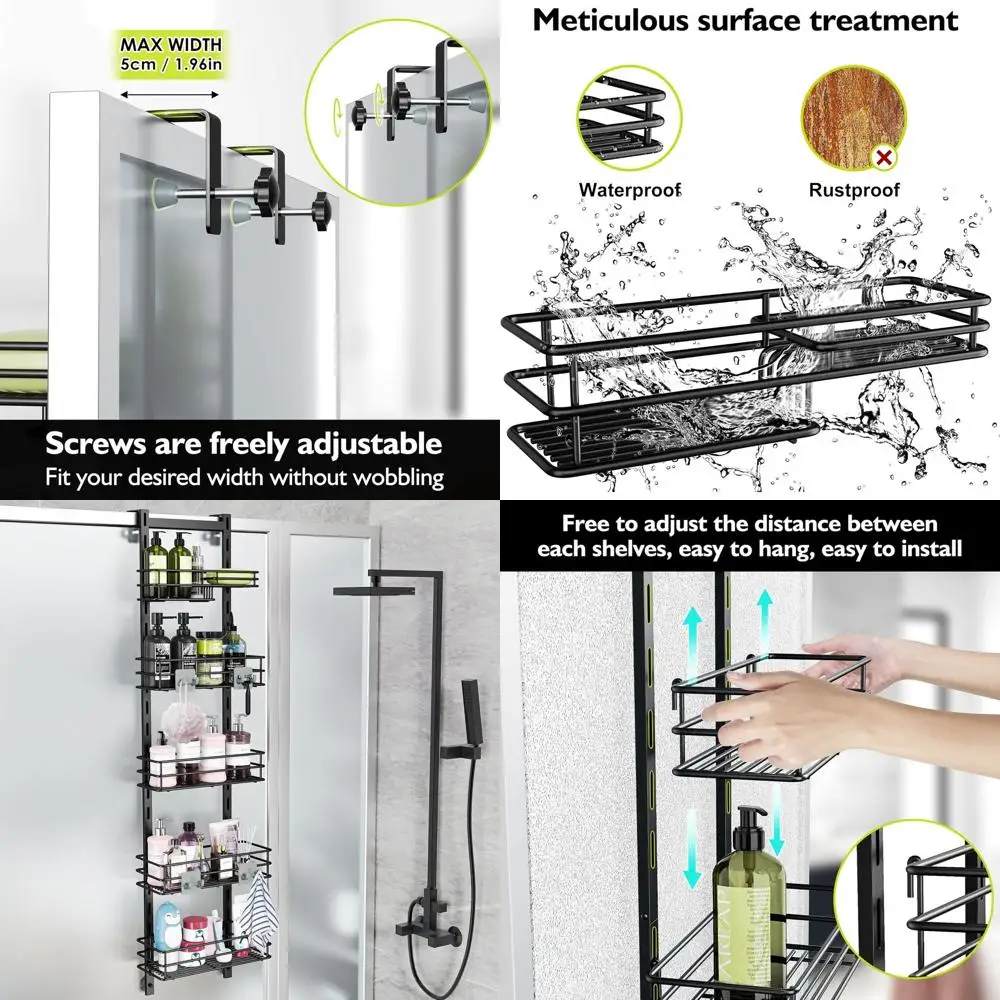 

Adjustable 5-Tier Black Shower Caddy with 4 Hooks, Rustproof Bathroom Organizer Shelf, Shower Basket and Soap Holder