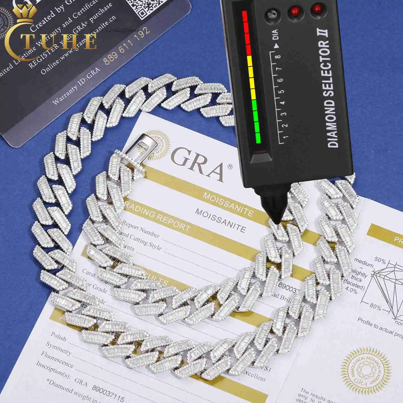 Pass Tester Diamond 14mm Baguette Moissanite Cuban Link Chain 925 Sterling Silver VVS Mossanite Diamond Iced Out Mens Necklace..