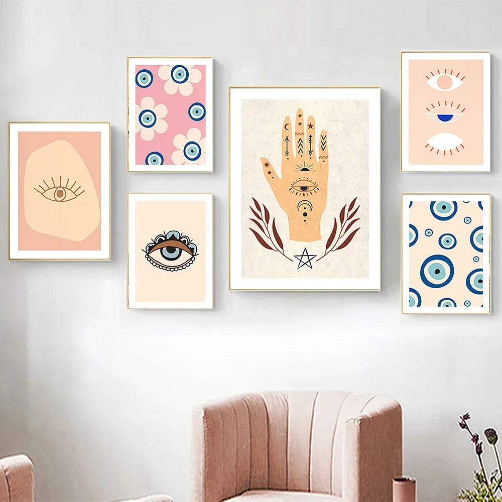 1PCS frameless Canvas Painting Nordic Posters and Prints Boho Lucky Turkish Greek Eyes Evil Eyes Hand Wall Art Islamic Pictures