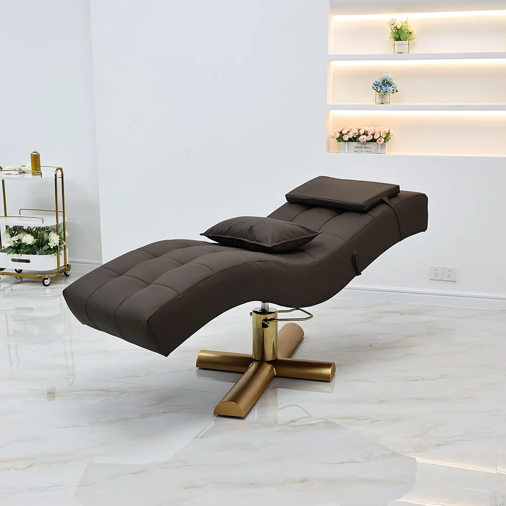 2026 Luxury S-shaped Beauty Lounger Gold Cross Base Adjustable Spa Head Massage Bed Esthetician Salon Furniture Custom Wholesale