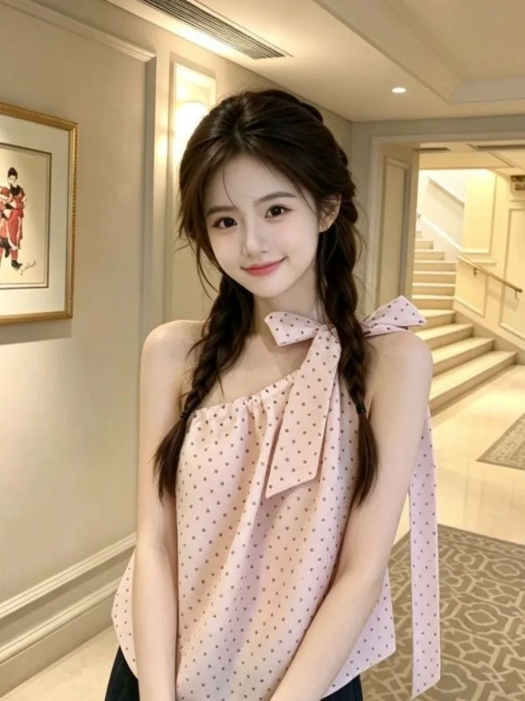 Unique Beautiful Summer Slim Fit Sweet Shoulder Bridesmaid Top Women's Sleeveless Tank Top Polka Dot Casual Inner Wear