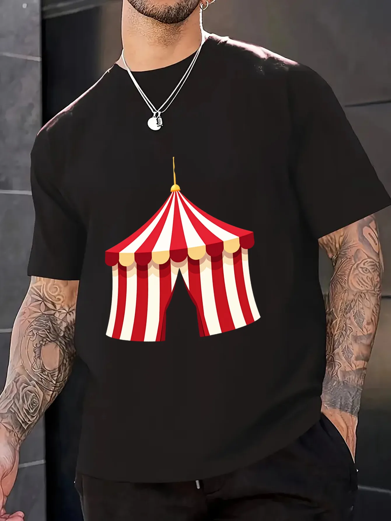 2026 Men'S White Circus Tent Graphic T-Shirt - Lightweight Short Sleeve Round Neck Tee with Red & White Striped Circus Print, Al