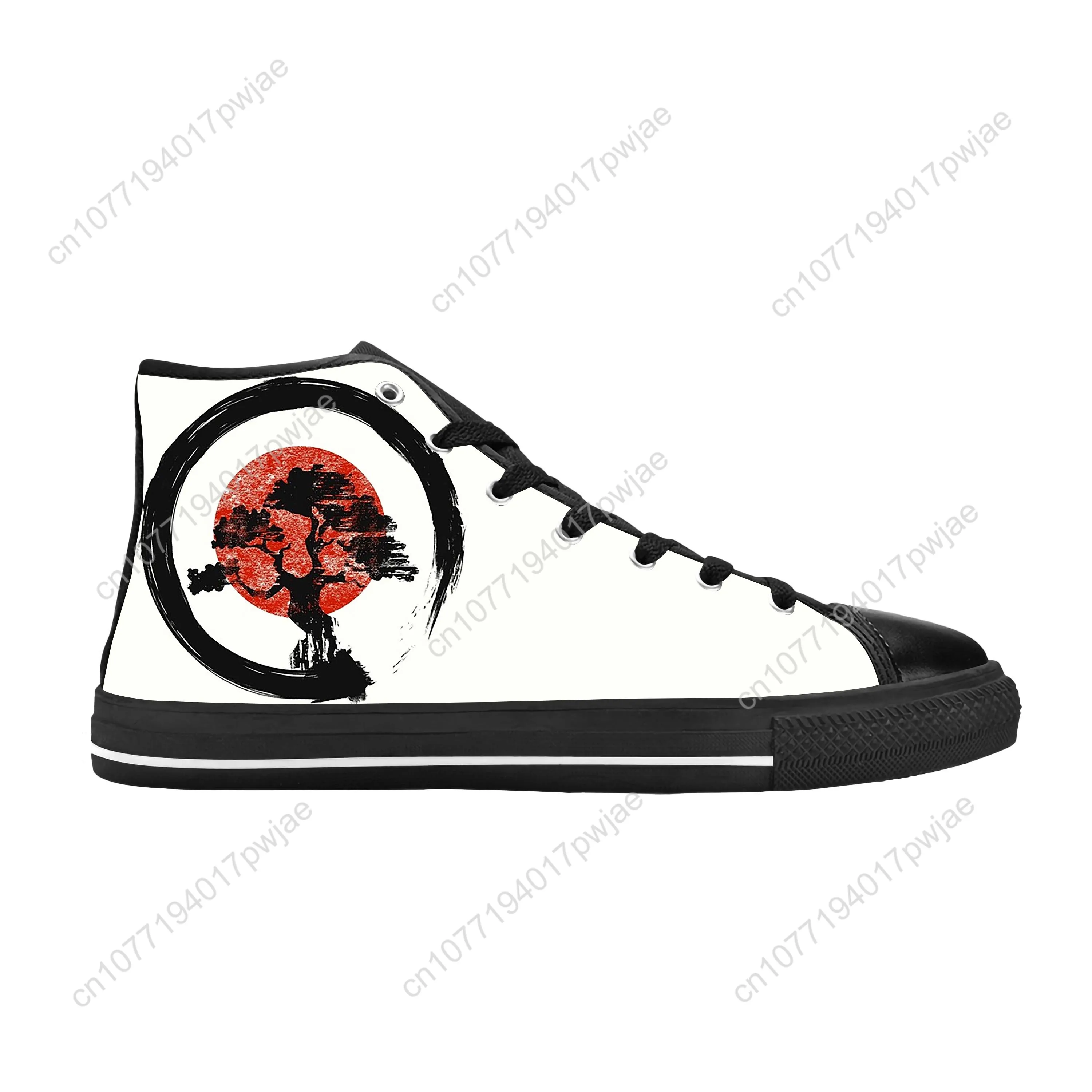 Sapatilhas japonesas de bonsai high top para homens e mulheres, sapatos de pano casuais, confortável respirável, impressão 3D, zen budista, círculo Enso, quente