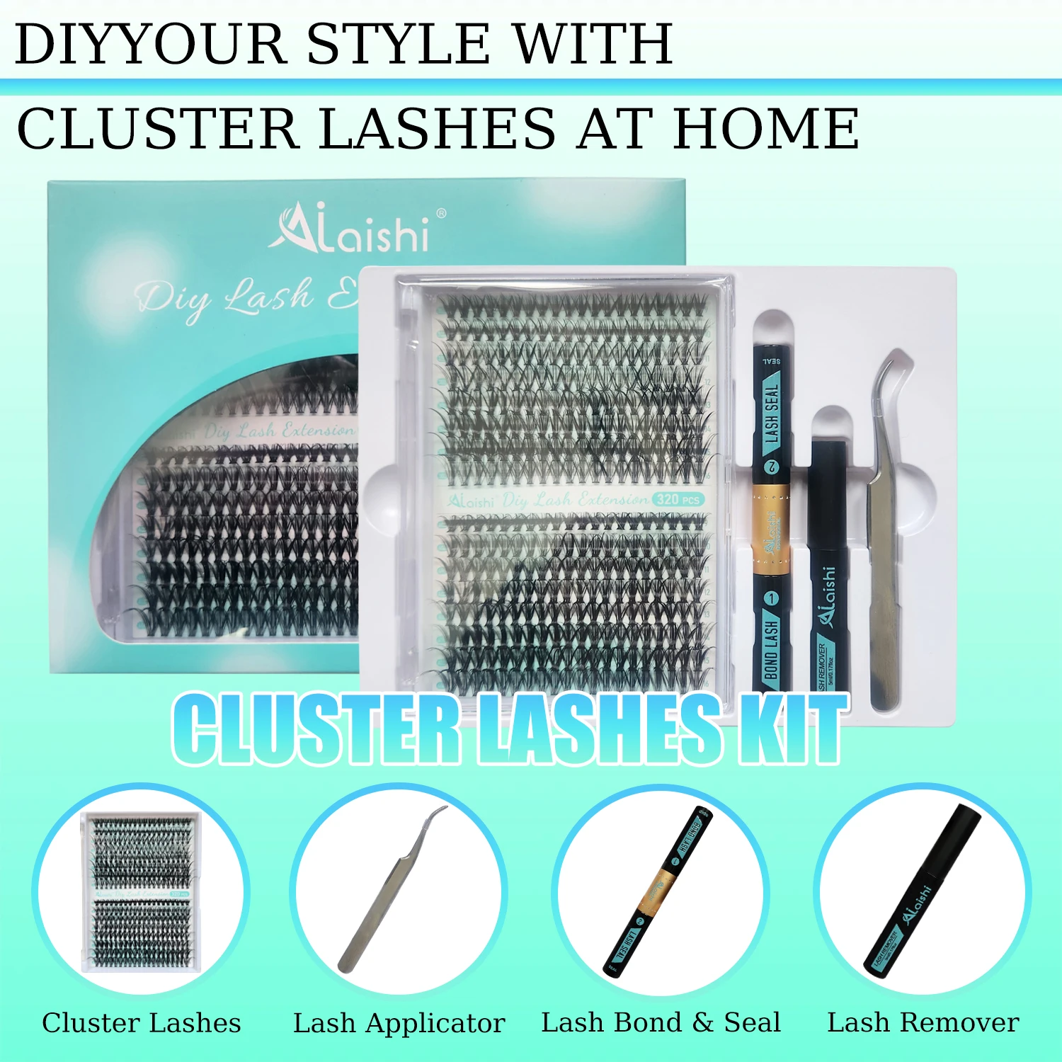 AILAISHI LASH DIY Eyelashes Kit 320pcs Cluster Lashes 30D+40D Waterproof Bond and Seal with Remover Tweezer Premade Fan Lashes