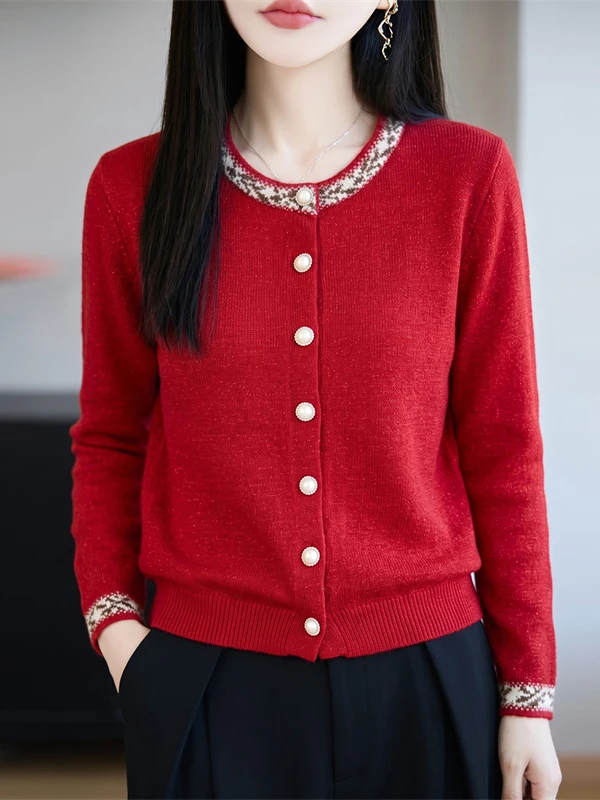 Women's Knitted Open Cardigan Heavy Embroidery Shiny Thread Design Sense Button Outerwear Slimming Style Fashionable Sweater