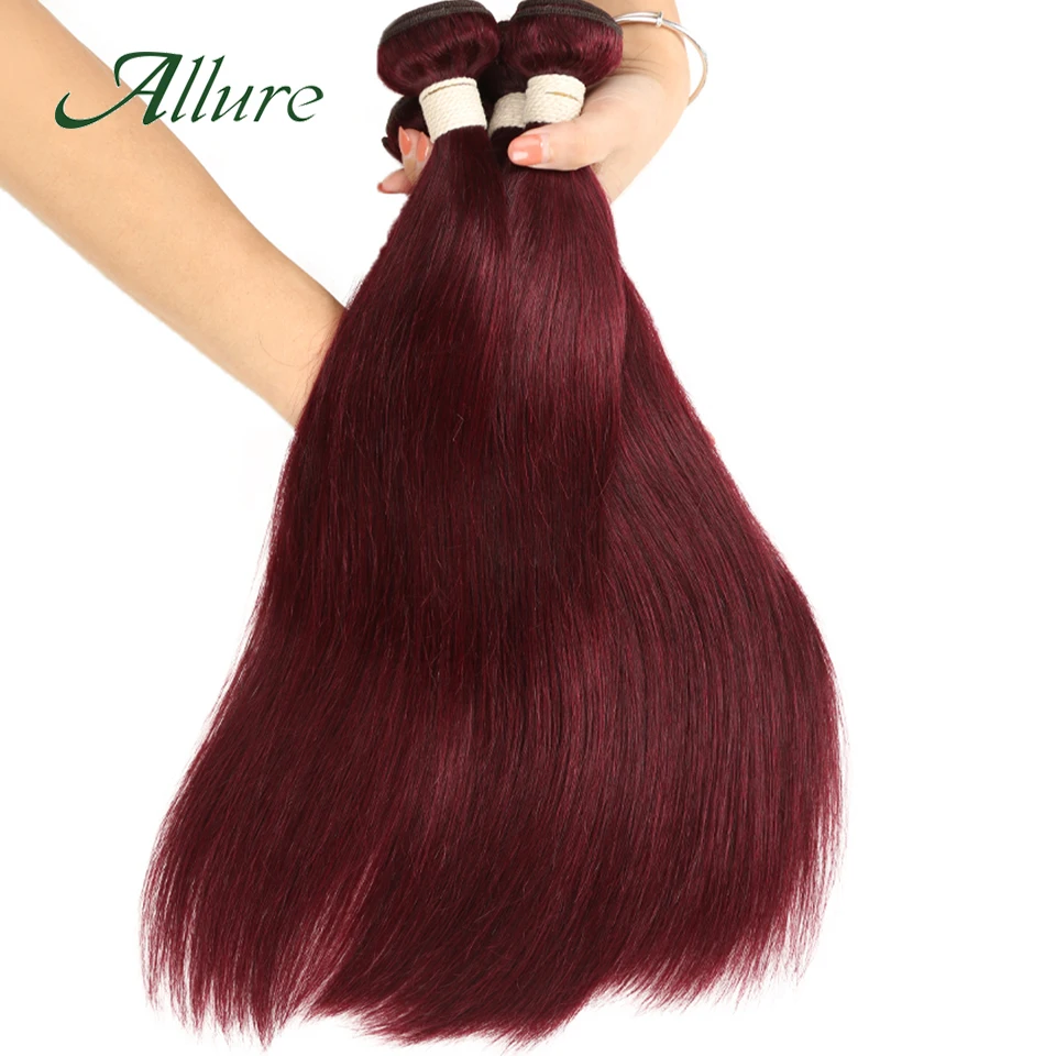 Extensiones de cabello humano liso 99J, mechones de cabello humano rojo vino, 12A, Remy, 1/3 piezas, Allure