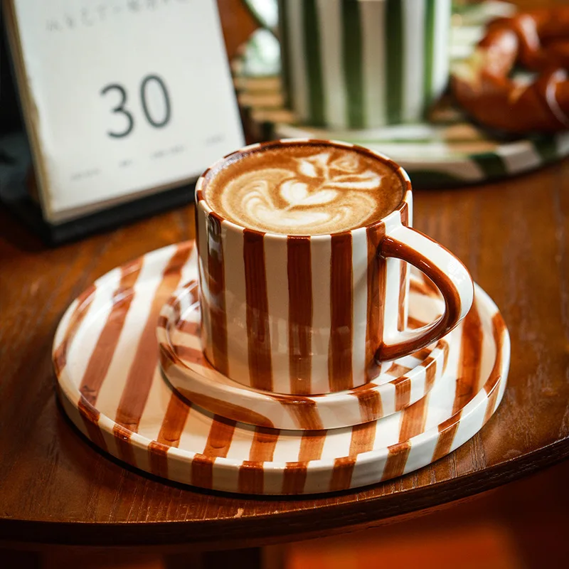 

Vintage Creative Striped Ceramic Coffee Mug And Saucer Set For Home Use Breakfast Snack Cup And Saucer Pasta Dinner Plate