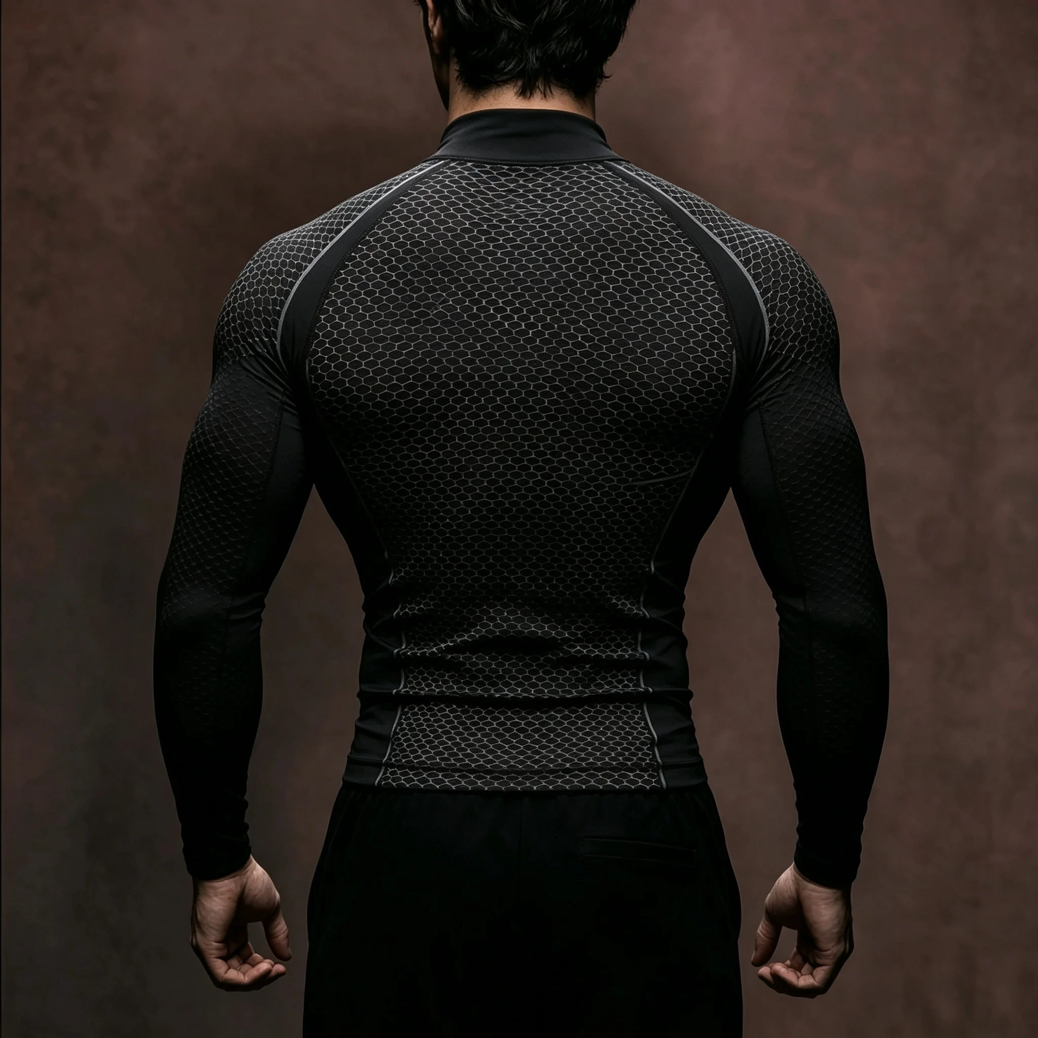 Herren Kompressions-Langarmshirt mit Halbrollkragen, Wabenmuster, schnelltrocknend, für Fitness, Training, Laufen und Sport – Detail 7