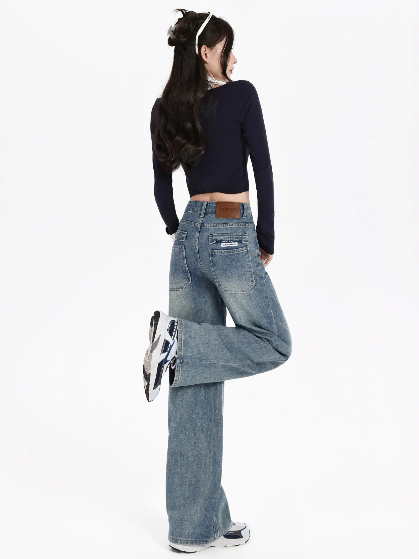 

Retro High Waist Straight Leg Denim Jeans Women's Loose Wide Leg Pants for Pear aped Body American Sle Worn Resistant