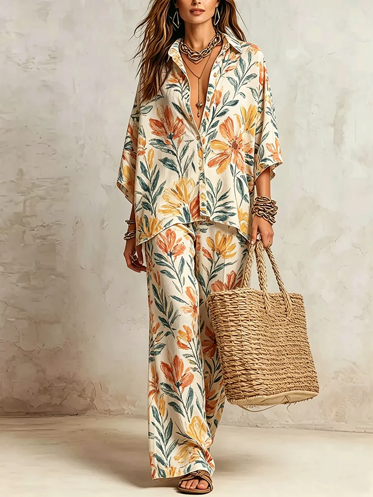 Conjunto de 2 Piezas para Mujer, Estilo Boho Vintage con Estampado Floral, Camisa Holgada con Solapas y Pantalones Anchos de Cintura Alta, Atuendo para Vacaciones de Verano