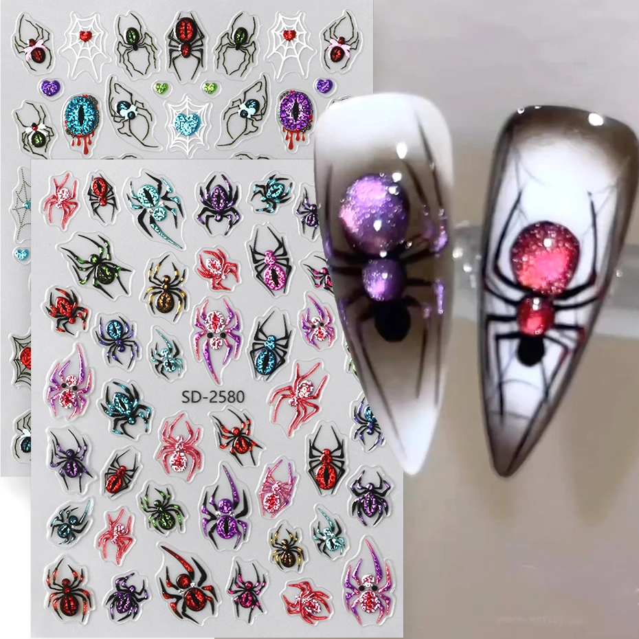 2 Stück Glitzer Spinne Nail Art Aufkleber Halloween Spinnennetz Gothic Holographische Nagelaufkleber Klebeschieber Dekorationen Maniküre