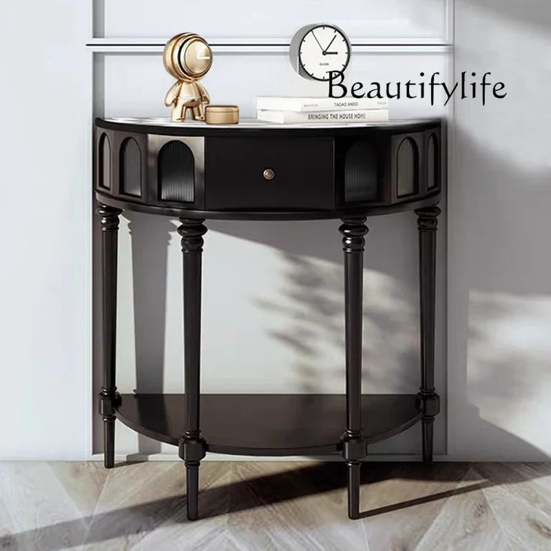 Solid wood entrance cabinet, semi-round table, black checkerboard light luxury home decoration against the wall corridor