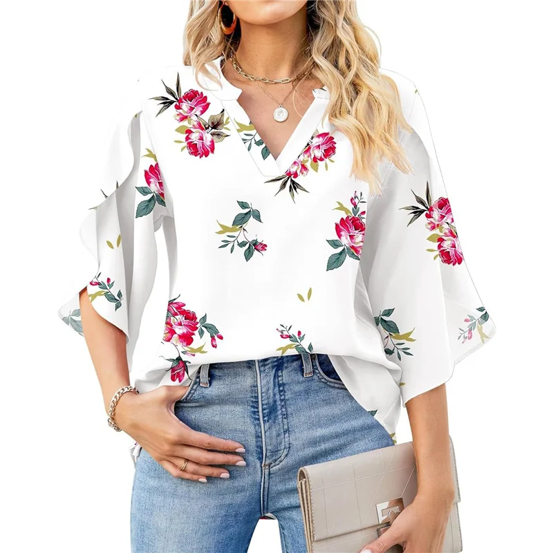 AOAO-3/4 Tops femininos de manga comprida soltos com decote em V camisa com estampa de pétala de chiffon blusas de trabalho de negócios
